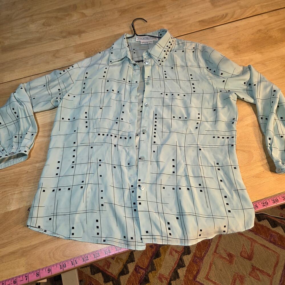 Vintage turquoise geometric print silk button down double collar blouse 12
